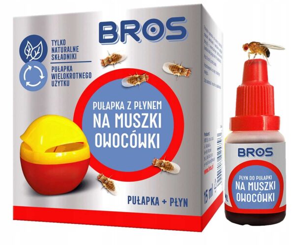 Zestaw BROS - pułapka z płynem na muszki owocówki + płyn do pułapki na muszki owocówki 15ml